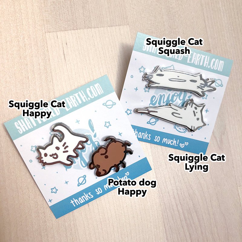 Squiggle Cat and Potato Dog Pins