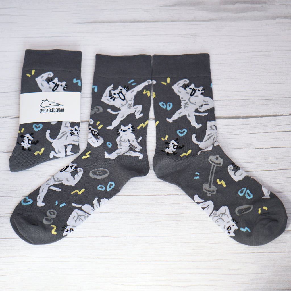 Buff Squiggle Cat Crew Socks – Shattered-Earth